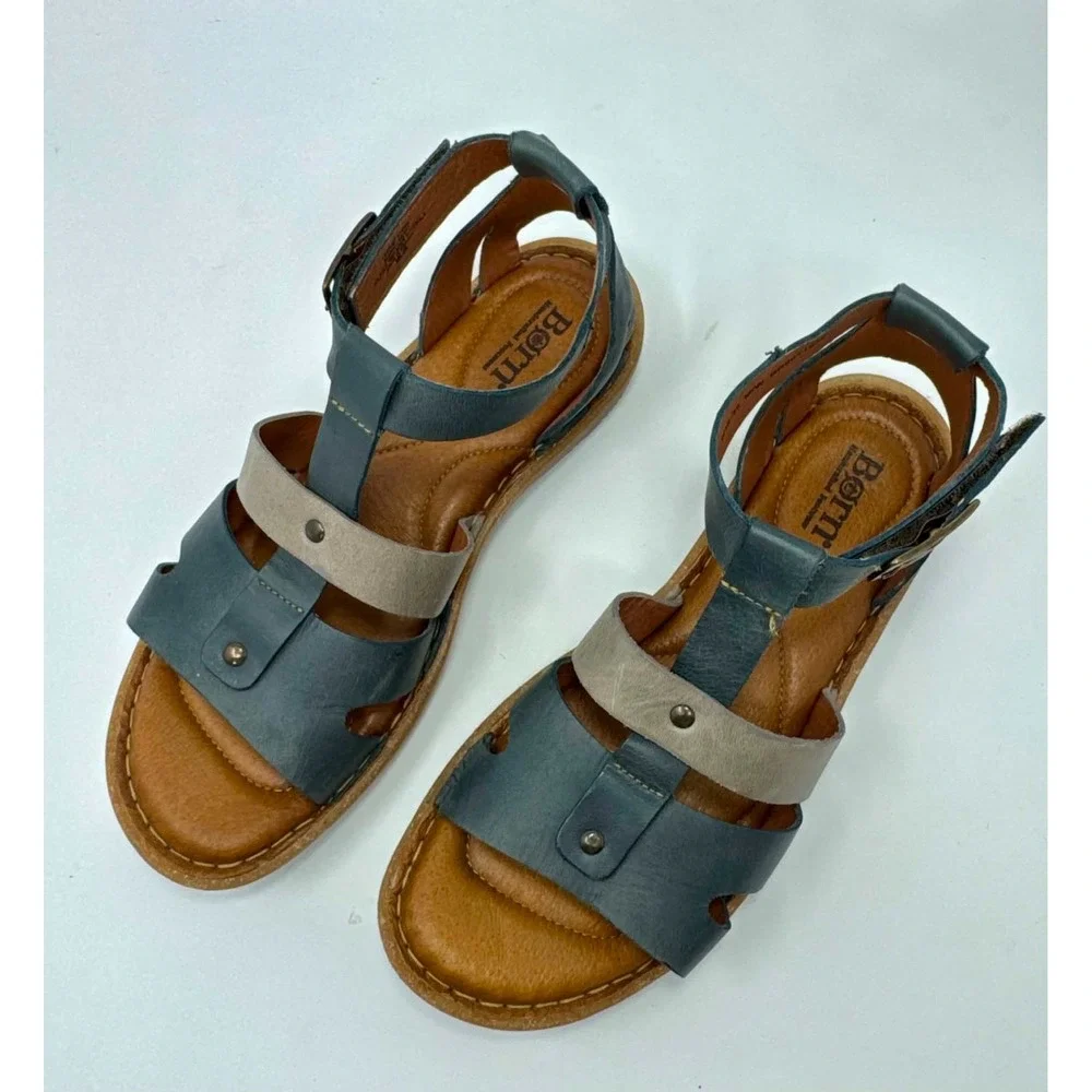 Born Tropi Sandals Womens Size 8 38-39 Leather Gladiator Blue Taupe Ankle Strap